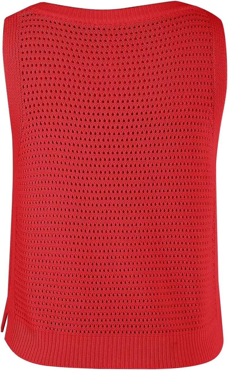 FISACE Womens Summer Knit Sweater Tank Tops Round Neck Crochet Hollow Out Sleeveless Casual Crop Shirt