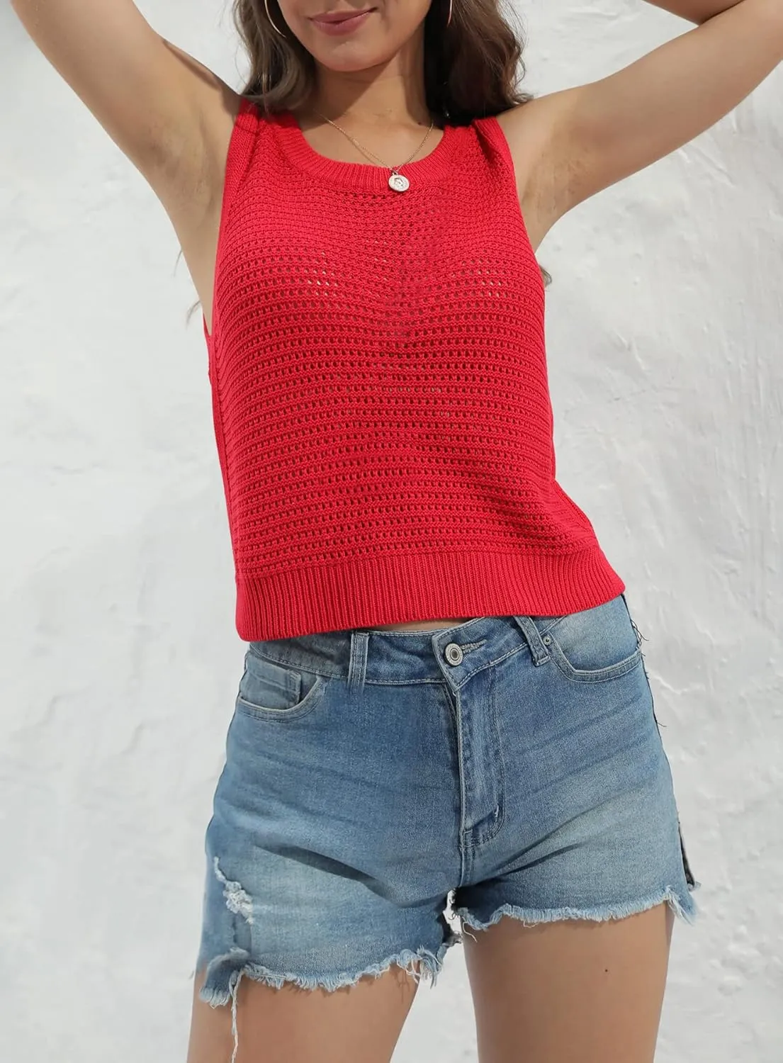FISACE Womens Summer Knit Sweater Tank Tops Round Neck Crochet Hollow Out Sleeveless Casual Crop Shirt
