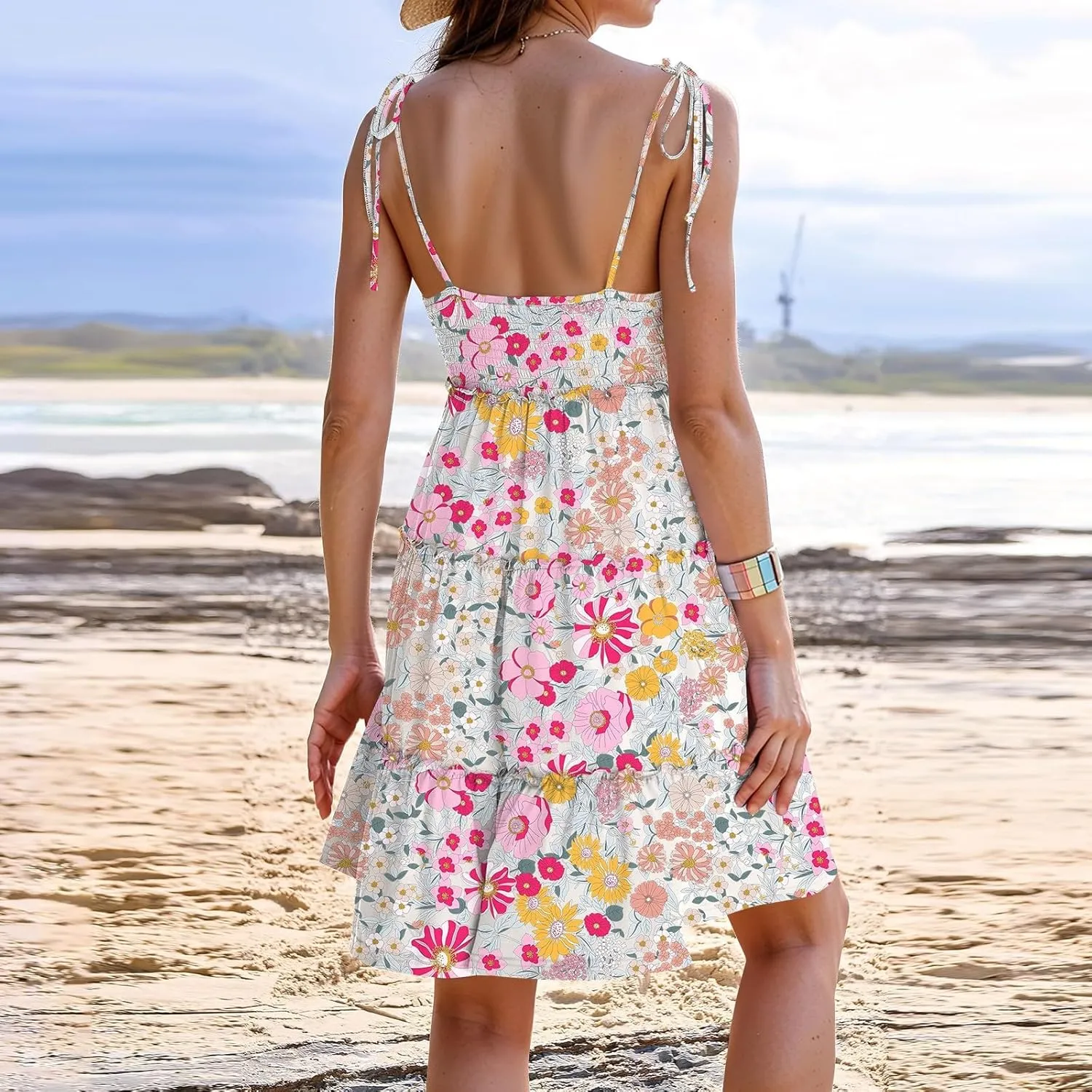 Floral Sundress for Women Cute Spaghetti Strap A Line Dress Boho Summer Casual Sleeveless Tiered Sundresses