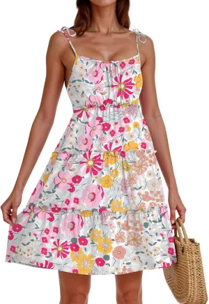Floral Sundress for Women Cute Spaghetti Strap A Line Dress Boho Summer Casual Sleeveless Tiered Sundresses