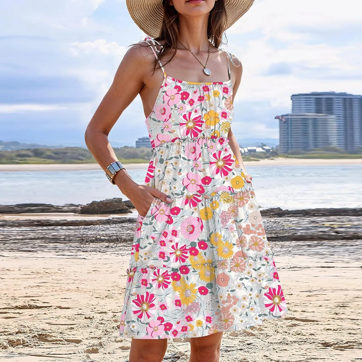Floral Sundress for Women Cute Spaghetti Strap A Line Dress Boho Summer Casual Sleeveless Tiered Sundresses