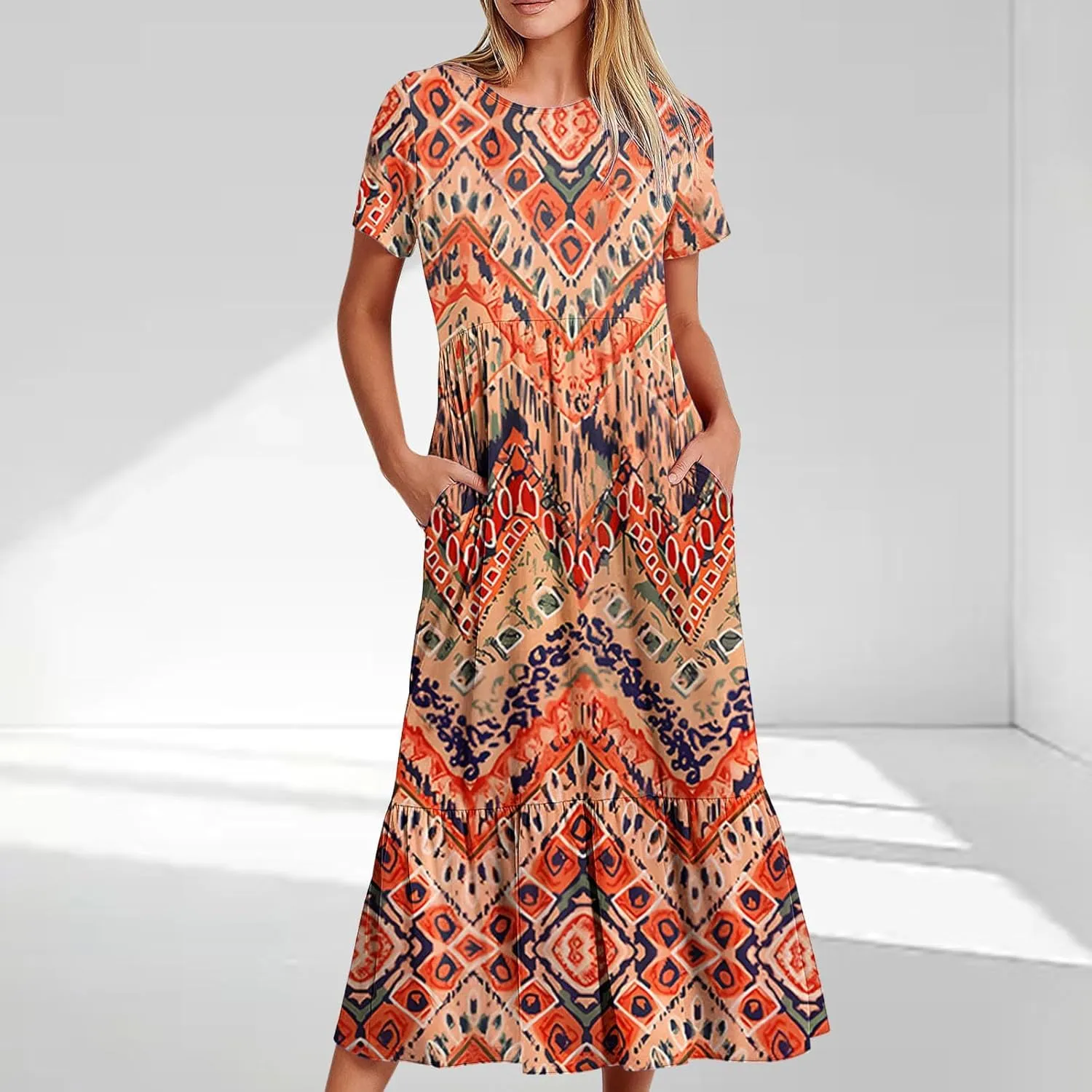 Flowy Dresses for Women Cute Flower Graphic Print Midi Dress Loose Fashion Casual Beach Dresses with Pockets