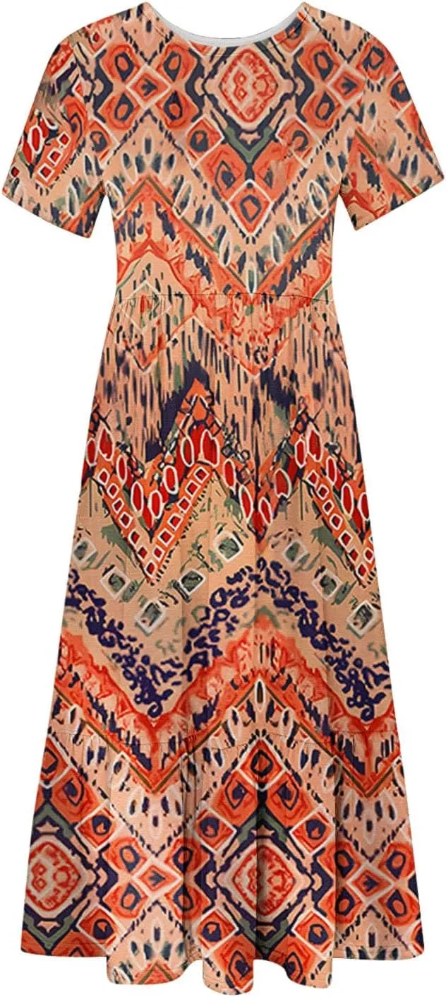 Flowy Dresses for Women Cute Flower Graphic Print Midi Dress Loose Fashion Casual Beach Dresses with Pockets