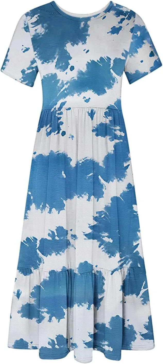 Flowy Dresses for Women Cute Flower Graphic Print Midi Dress Loose Fashion Casual Beach Dresses with Pockets