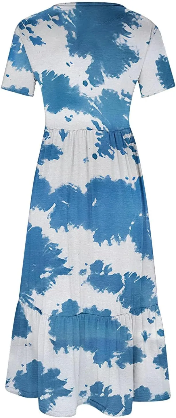 Flowy Dresses for Women Cute Flower Graphic Print Midi Dress Loose Fashion Casual Beach Dresses with Pockets
