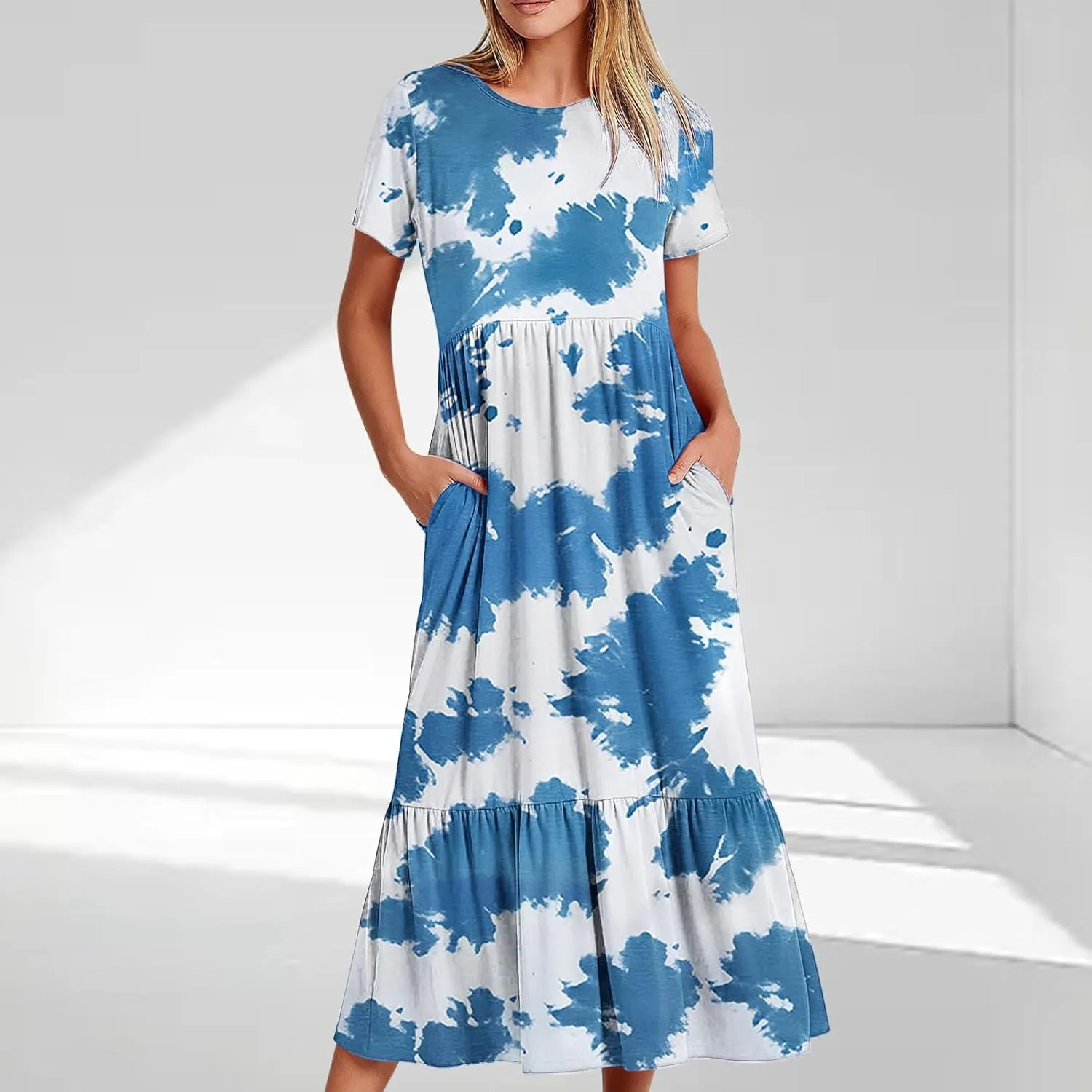 Flowy Dresses for Women Cute Flower Graphic Print Midi Dress Loose Fashion Casual Beach Dresses with Pockets