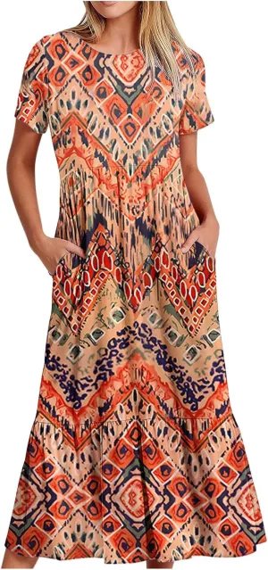 Flowy Dresses for Women Cute Flower Graphic Print Midi Dress Loose Fashion Casual Beach Dresses with Pockets