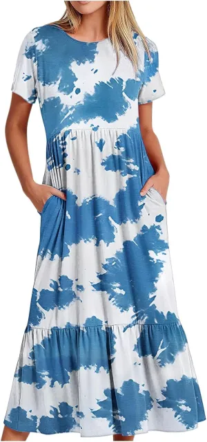 Flowy Dresses for Women Cute Flower Graphic Print Midi Dress Loose Fashion Casual Beach Dresses with Pockets
