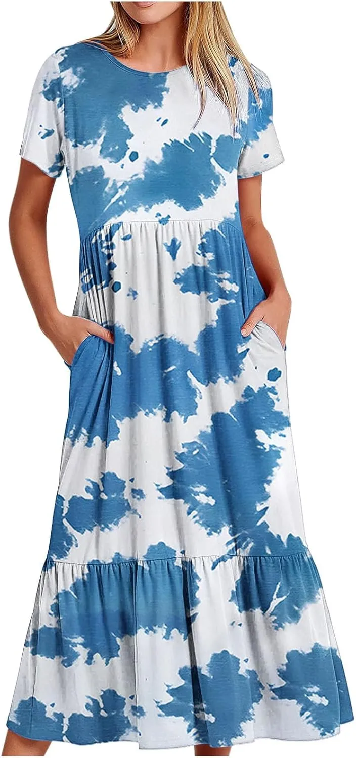 Flowy Dresses for Women Cute Flower Graphic Print Midi Dress Loose Fashion Casual Beach Dresses with Pockets