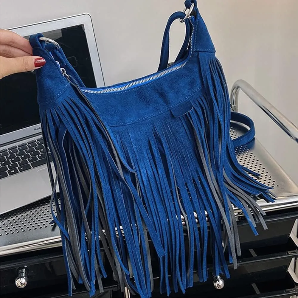 Fringe Handbags for Women Vintage Suede Hobo Purse Shoulder Crossbody Bohemian Messenger Bags Zip Satchel