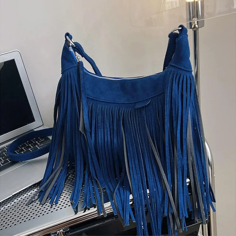 Fringe Handbags for Women Vintage Suede Hobo Purse Shoulder Crossbody Bohemian Messenger Bags Zip Satchel