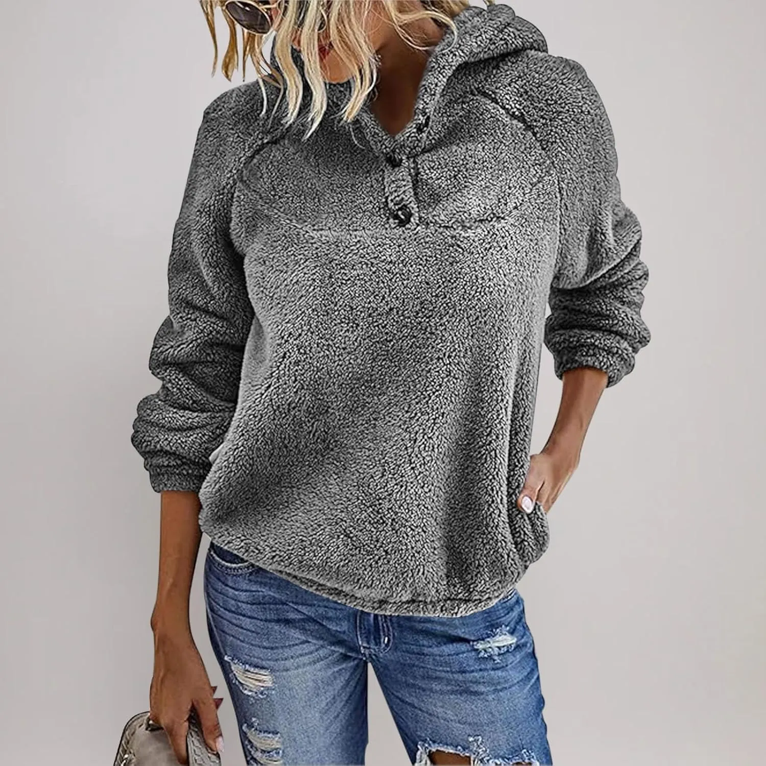 Fuzzy Fleece Hoodie for Women Oversized Sherpa Pullover Sweatshirt Thermal Sweater Winter Outerwear Fluffy Teddy Coat