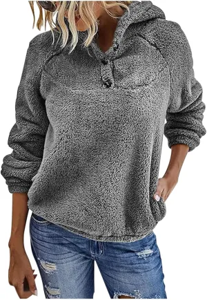 Fuzzy Fleece Hoodie for Women Oversized Sherpa Pullover Sweatshirt Thermal Sweater Winter Outerwear Fluffy Teddy Coat