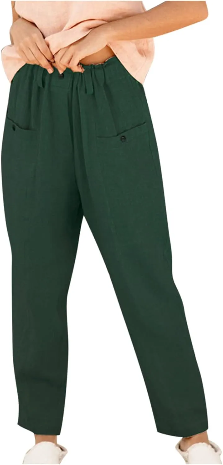FZYLQY Casual Linen Pants Women, Womens Linen Trousers Lightweight Pants with Pockets Comfy Summer Pants Cotton Linen Pants