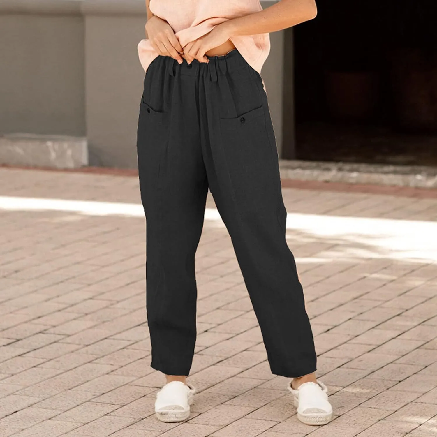 FZYLQY Casual Linen Pants Women, Womens Linen Trousers Lightweight Pants with Pockets Comfy Summer Pants Cotton Linen Pants
