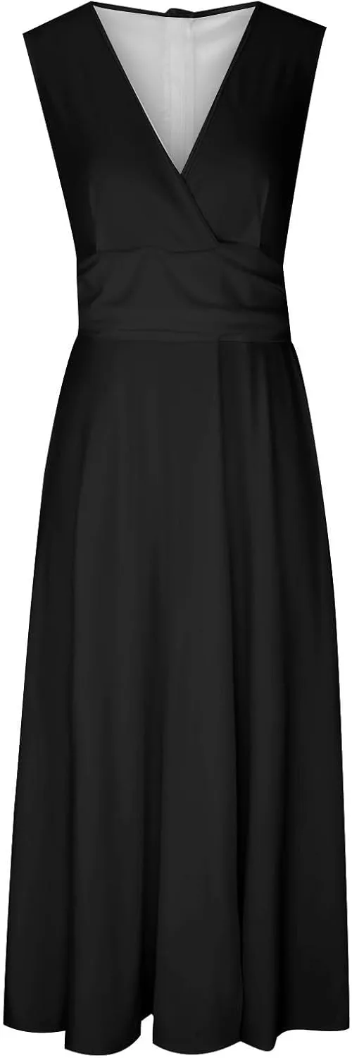 FZYLQY Sundresses for Women, 2024 Spring Summer Elegant Wrap V Neck Sleeveless Maxi Dress, Trendy Solid Flowy Beach Dress