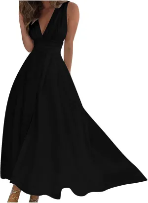 FZYLQY Sundresses for Women, 2024 Spring Summer Elegant Wrap V Neck Sleeveless Maxi Dress, Trendy Solid Flowy Beach Dress