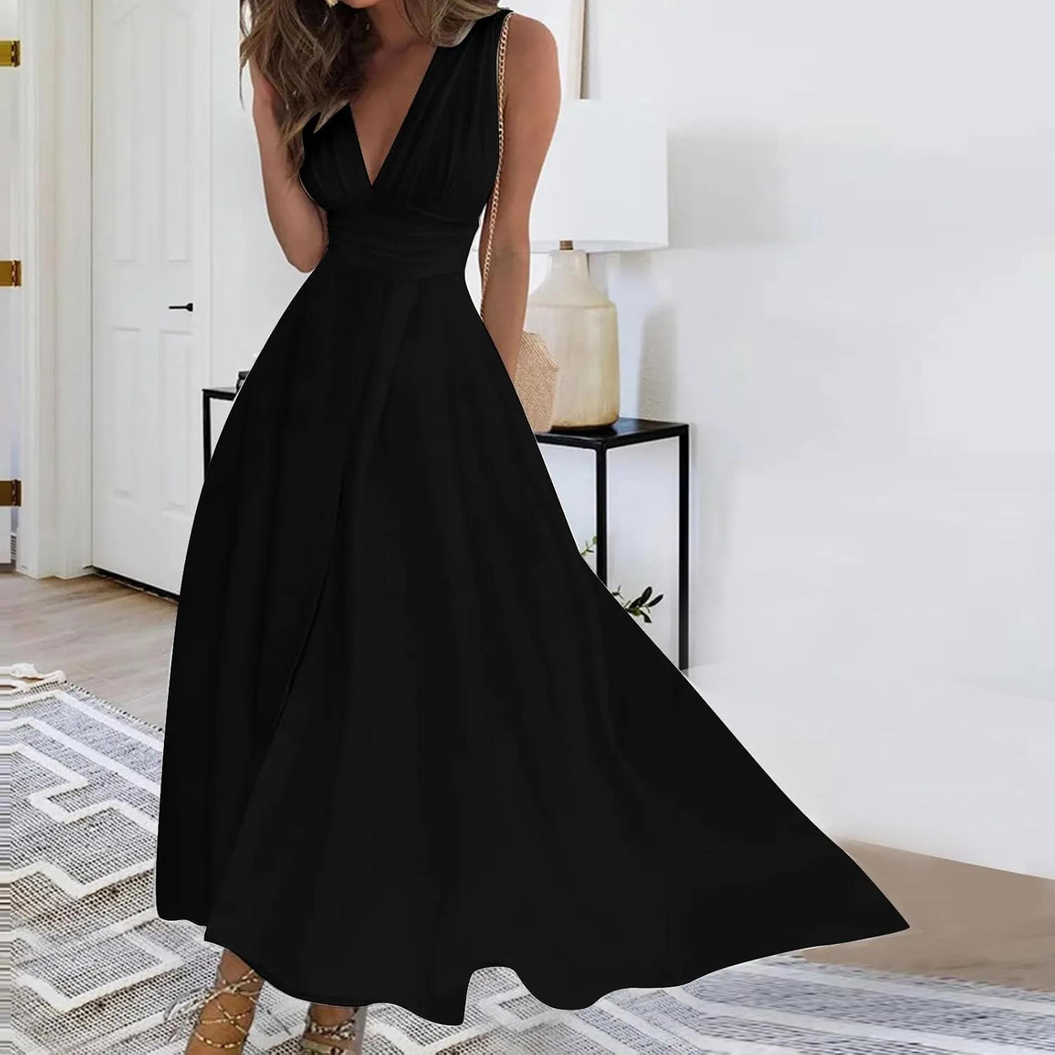 FZYLQY Sundresses for Women, 2024 Spring Summer Elegant Wrap V Neck Sleeveless Maxi Dress, Trendy Solid Flowy Beach Dress