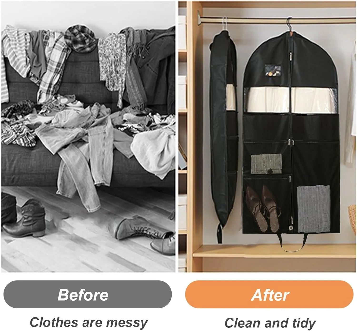 Garment Bags for Hanging Clothes for Storage and Travel, Suit Cover Bags, Non-Woven for Suits Coat, Jacket, Sweater, Shirts, Black(60x10x130cm/24x4x51in)