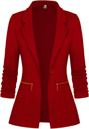 Genhoo Women's Long Sleeve Blazer Open Front Cardigan Jacket Work Office Blazer with Zipper Pockets S-3XL