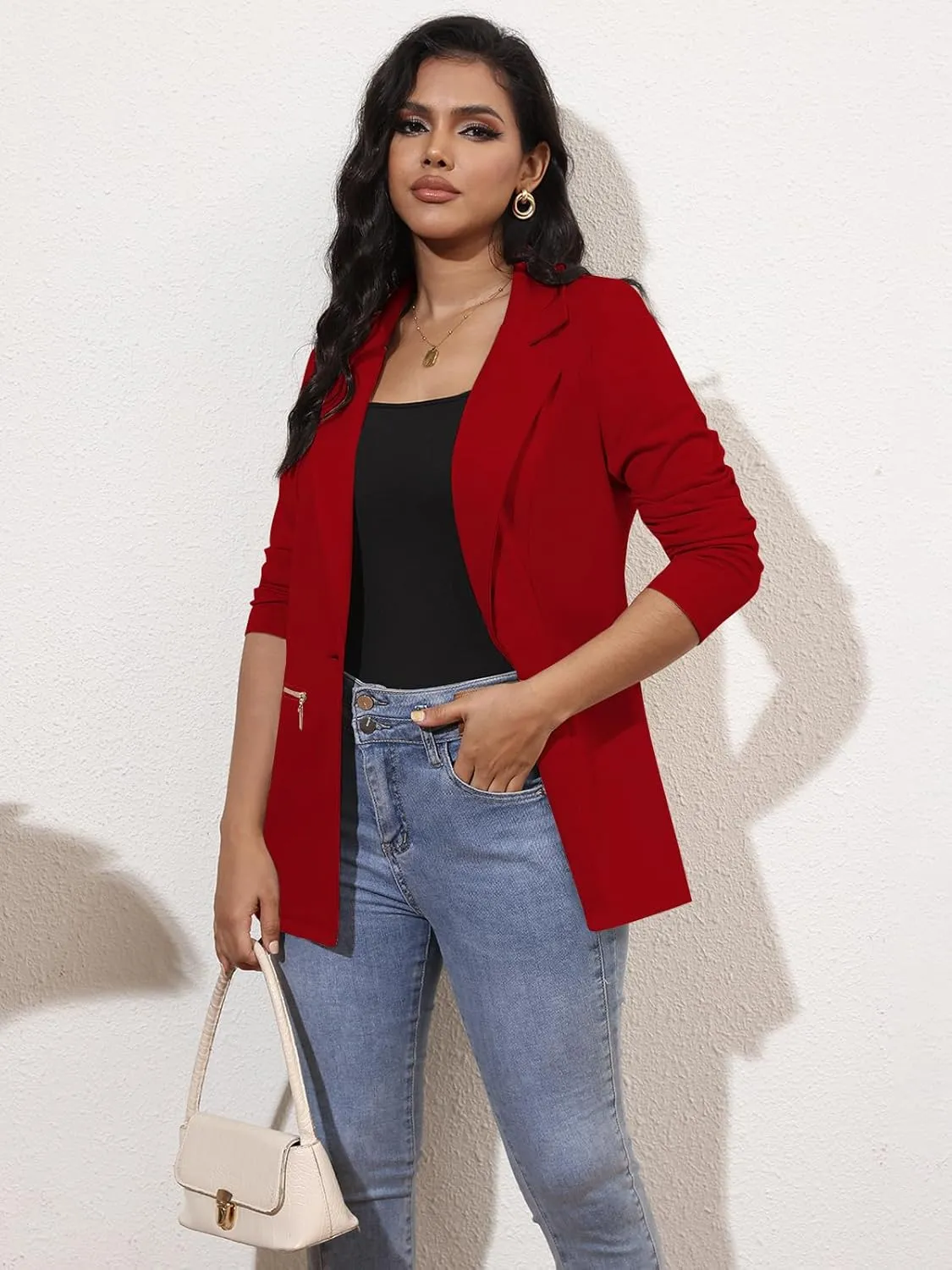 Genhoo Women's Long Sleeve Blazer Open Front Cardigan Jacket Work Office Blazer with Zipper Pockets S-3XL