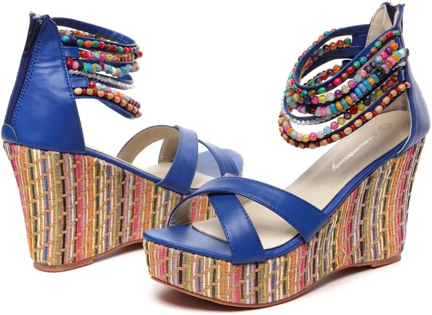 getmorebeauty Women's Wedge Sandals With Pearls Across The Top Platform Sandals High Heels