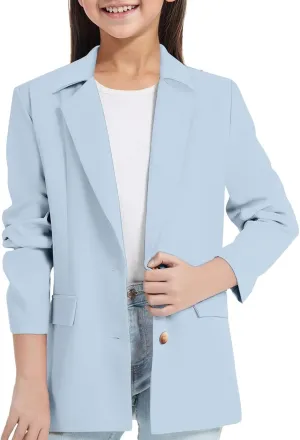 Girls Blazer Long Sleeve Shawl Collar Formal Blazers Suit Jacket Open Front Inner Pocket for Kids Size 3-14 Year