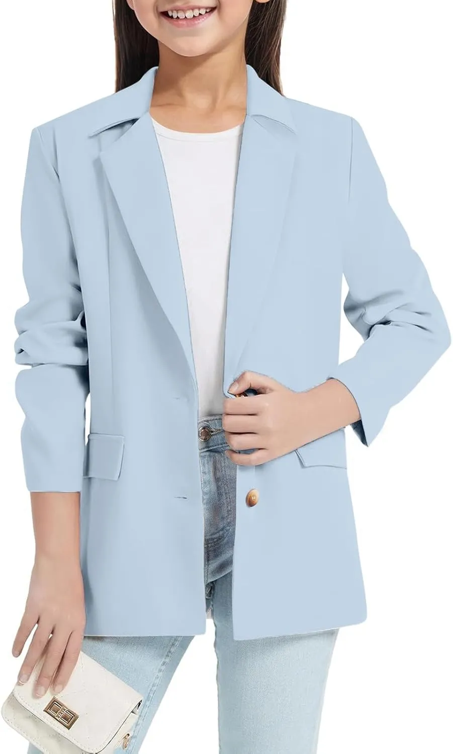 Girls Blazer Long Sleeve Shawl Collar Formal Blazers Suit Jacket Open Front Inner Pocket for Kids Size 3-14 Year