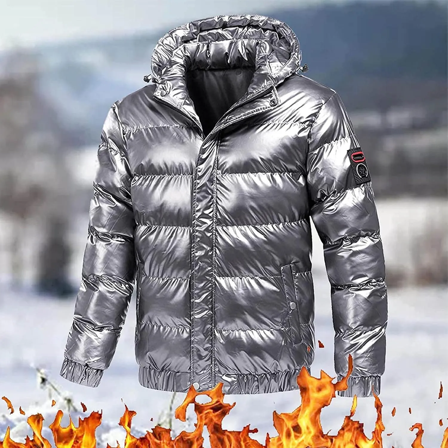 Glossy Puffer Jacket Men Quilted Insulated Jacket Zip up Padded Coat Warm Down Jacket Casual Winter Jacket Outwear
