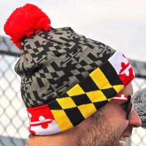 Greyscale Maryland Flag with Color Brim / Knit Beanie Cap w/ Pom-Pom