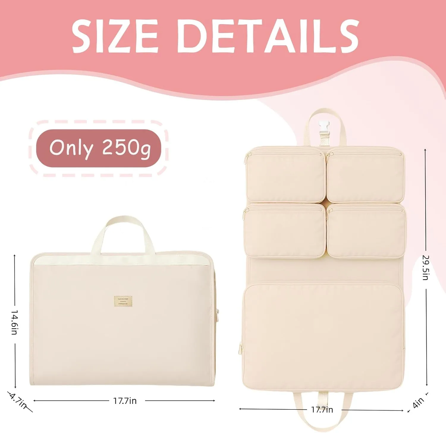 Hanging Packing Cube, Foldable Travel Organizer, Waterproof, Machine Washable, Fits 20" Carry-on, Expandable Packing Cube for Suitcase or Backpack (Beige)