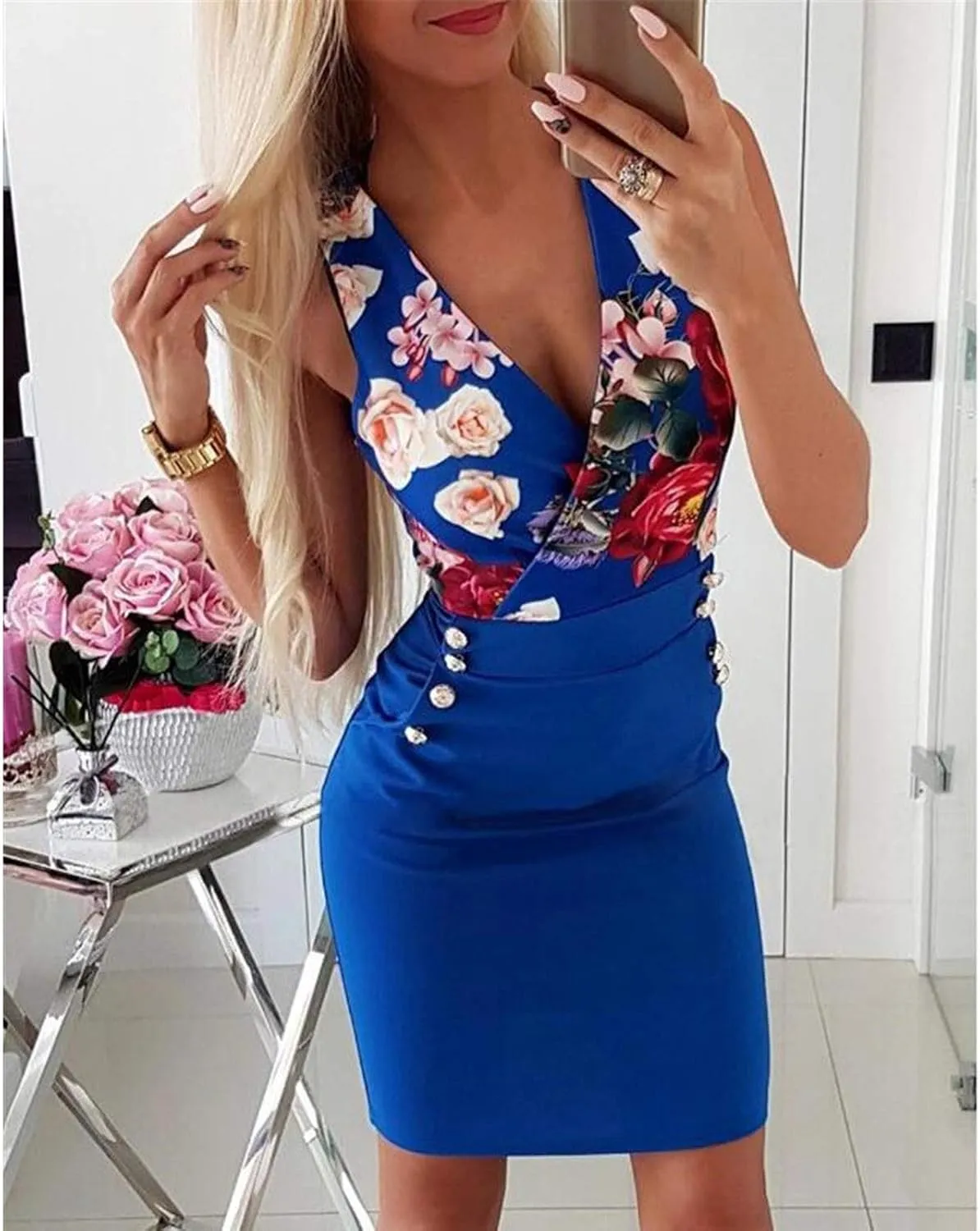 HGOOGY Sundress Beach Pockets Dress HIPS Printed Women Slim Multicolor V-Neck Side Sexy Mid Length Summer Dresses