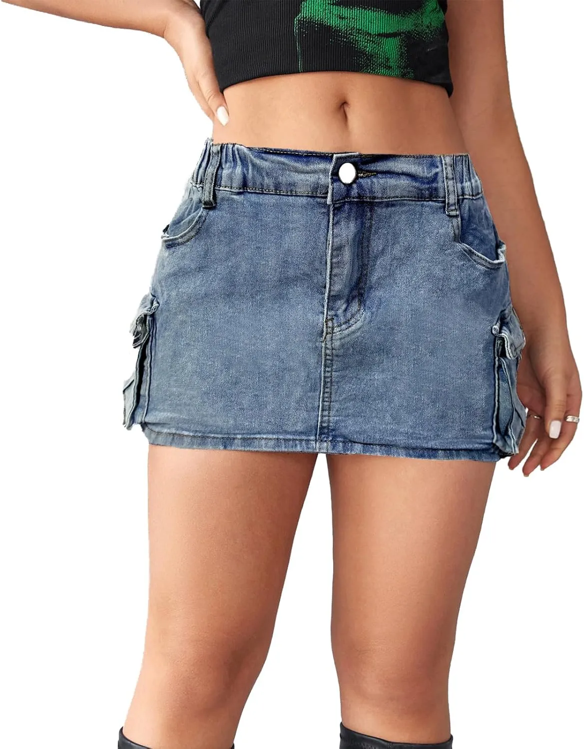High Stretch Denim Mini Skirt with Cargo Pockets, Bodycon Jean Skirt for Women, Perfect for Casual and Party Wear
