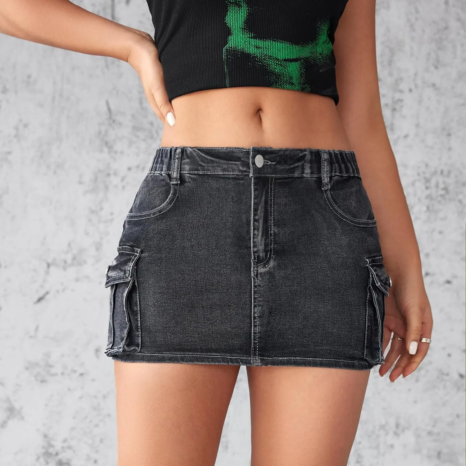 High Stretch Denim Mini Skirt with Cargo Pockets, Bodycon Jean Skirt for Women, Perfect for Casual and Party Wear