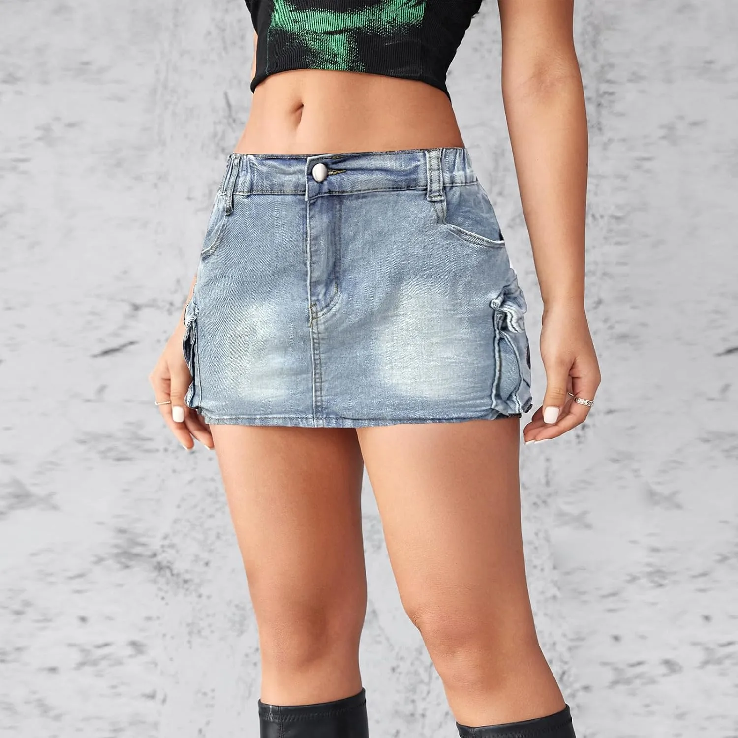 High Stretch Denim Mini Skirt with Cargo Pockets, Bodycon Jean Skirt for Women, Perfect for Casual and Party Wear