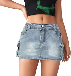 High Stretch Denim Mini Skirt with Cargo Pockets, Bodycon Jean Skirt for Women, Perfect for Casual and Party Wear