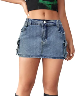 High Stretch Denim Mini Skirt with Cargo Pockets, Bodycon Jean Skirt for Women, Perfect for Casual and Party Wear