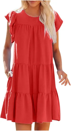 hlysgo Summer Dress for Women 2025 Casual Loose Fit Cap Sleeve Crew Neck Peplum Dresses Trendy Beach Mini Dress with Pockets