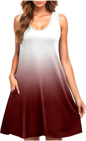 hlysgo Womens Coverup Dress 2025 Summer Sleeveless Crew Neck Mini Dress Trendy Gradient Short Beach Sundress with Pockets