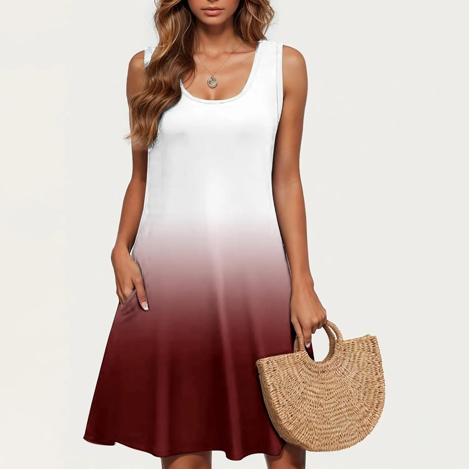 hlysgo Womens Coverup Dress 2025 Summer Sleeveless Crew Neck Mini Dress Trendy Gradient Short Beach Sundress with Pockets