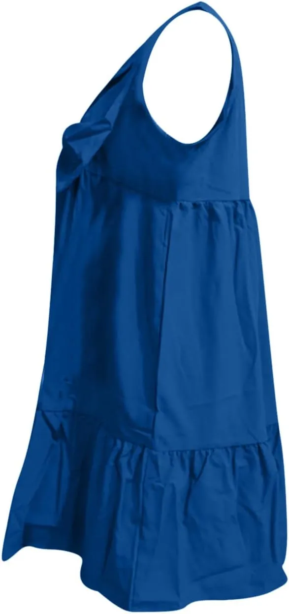 hlysgo Women's Summer Dress Casual Loose Fit Sleeveless V Neck Knee Length Beach Sundress Cute Front Tie-Bow Mini Dresses