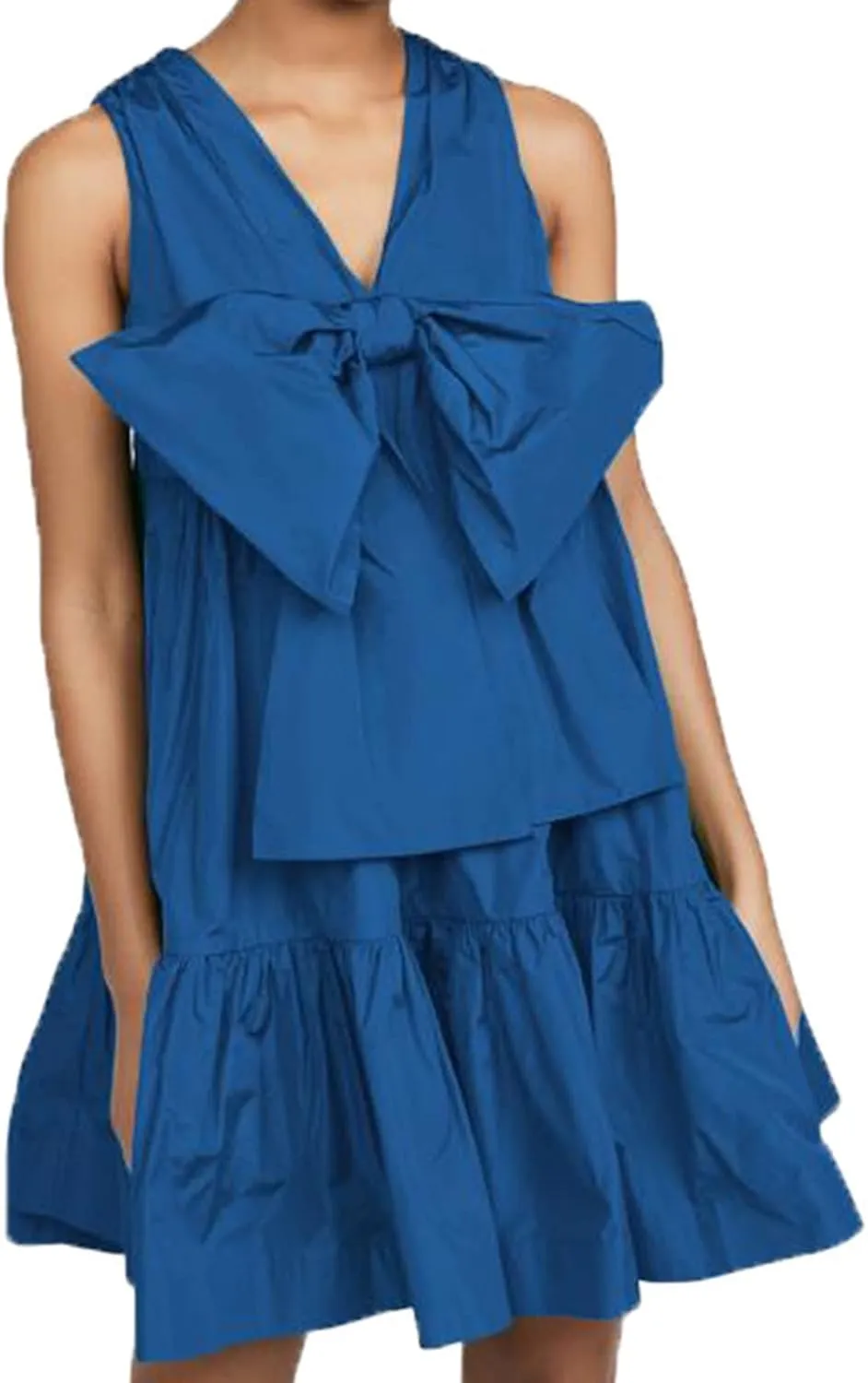 hlysgo Women's Summer Dress Casual Loose Fit Sleeveless V Neck Knee Length Beach Sundress Cute Front Tie-Bow Mini Dresses