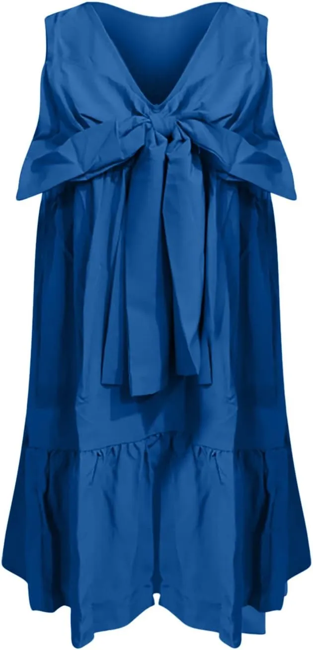 hlysgo Women's Summer Dress Casual Loose Fit Sleeveless V Neck Knee Length Beach Sundress Cute Front Tie-Bow Mini Dresses