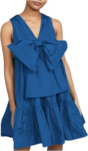 hlysgo Women's Summer Dress Casual Loose Fit Sleeveless V Neck Knee Length Beach Sundress Cute Front Tie-Bow Mini Dresses