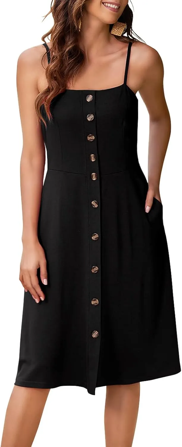 Hount Womens Summer Casual Dresses Spaghetti Strap Button Down Boho Beach Midi Sundress with Pockets