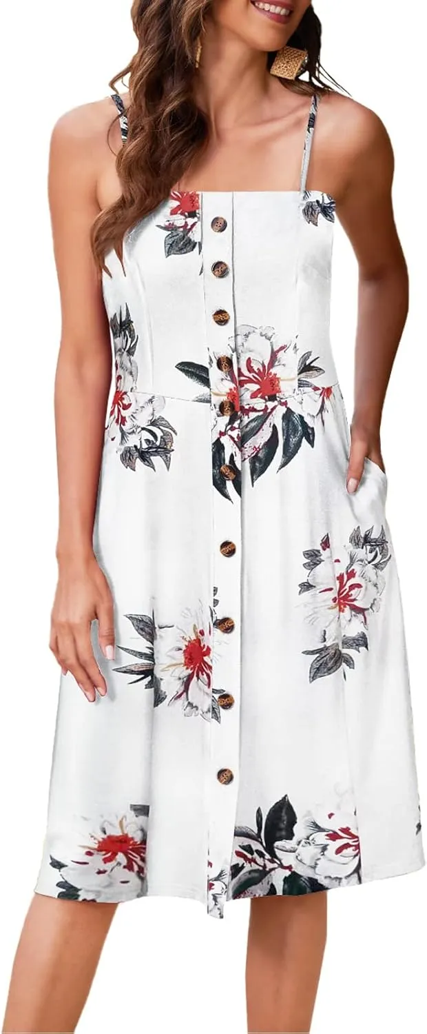 Hount Womens Summer Casual Dresses Spaghetti Strap Button Down Boho Beach Midi Sundress with Pockets