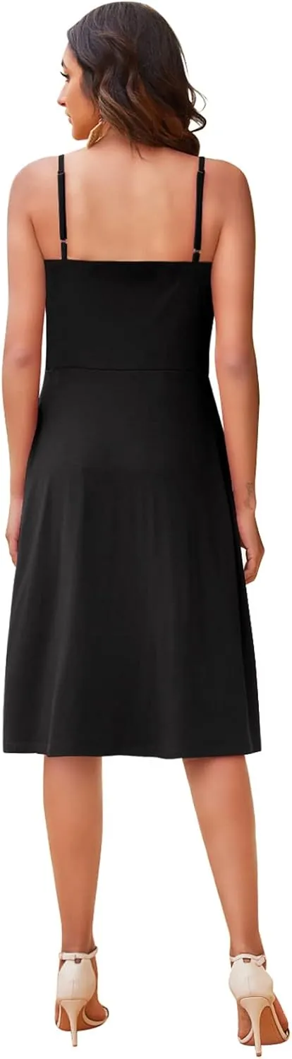 Hount Womens Summer Casual Dresses Spaghetti Strap Button Down Boho Beach Midi Sundress with Pockets