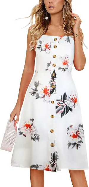 Hount Womens Summer Casual Dresses Spaghetti Strap Button Down Boho Beach Midi Sundress with Pockets