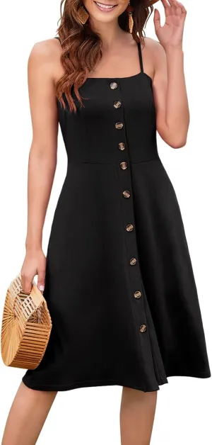 Hount Womens Summer Casual Dresses Spaghetti Strap Button Down Boho Beach Midi Sundress with Pockets