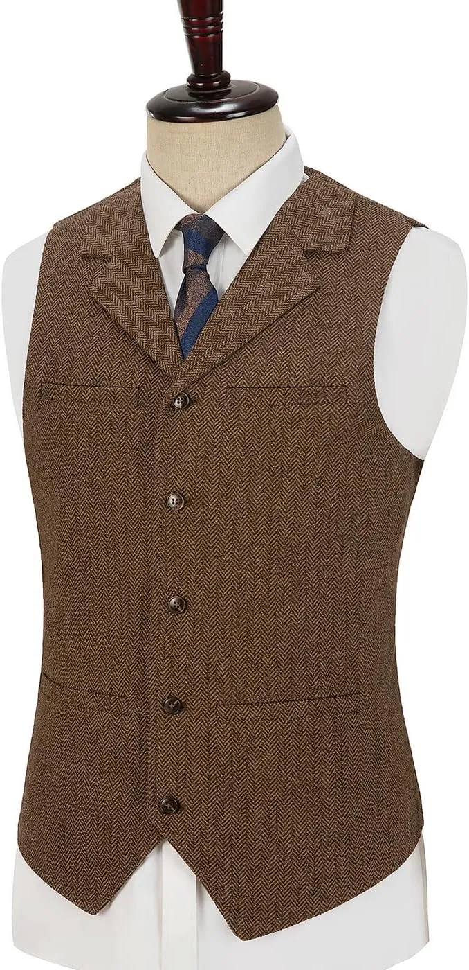 Hunting Aged Mens Tweed Vests Herringbone Waistcoats Retro Casual Wedding Wool Business Vests